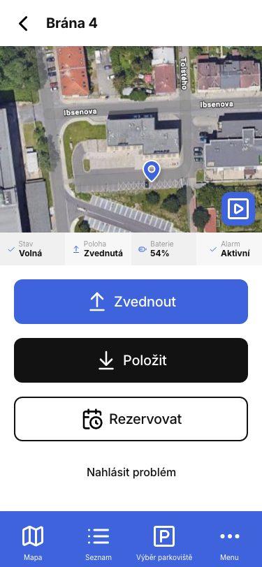 Ovládání parkovací zábrany Parking Guard přes mobilní aplikaci